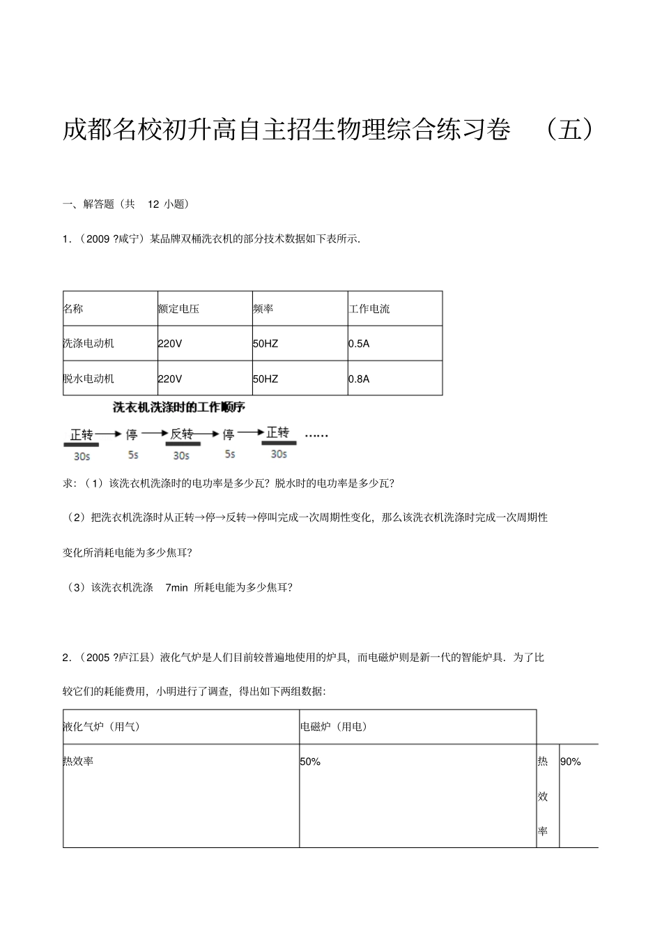 成都名校初升高自主招生物理综合练习卷五_第1页