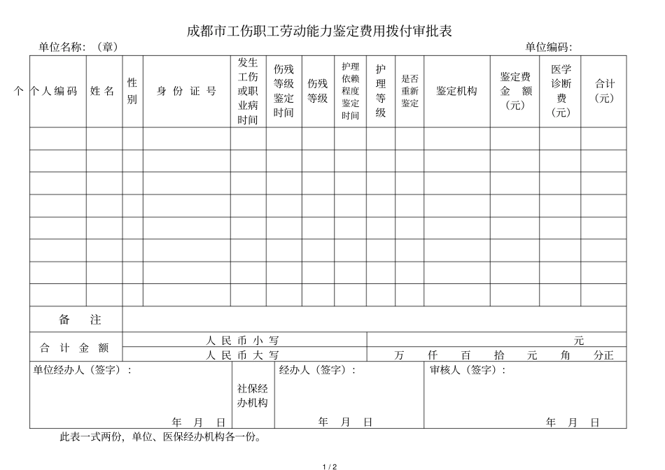 成都工伤职工劳动能力鉴定费用拨付审批表_第1页