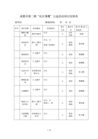 成都第二期社区雏鹰公益活动项目安排表