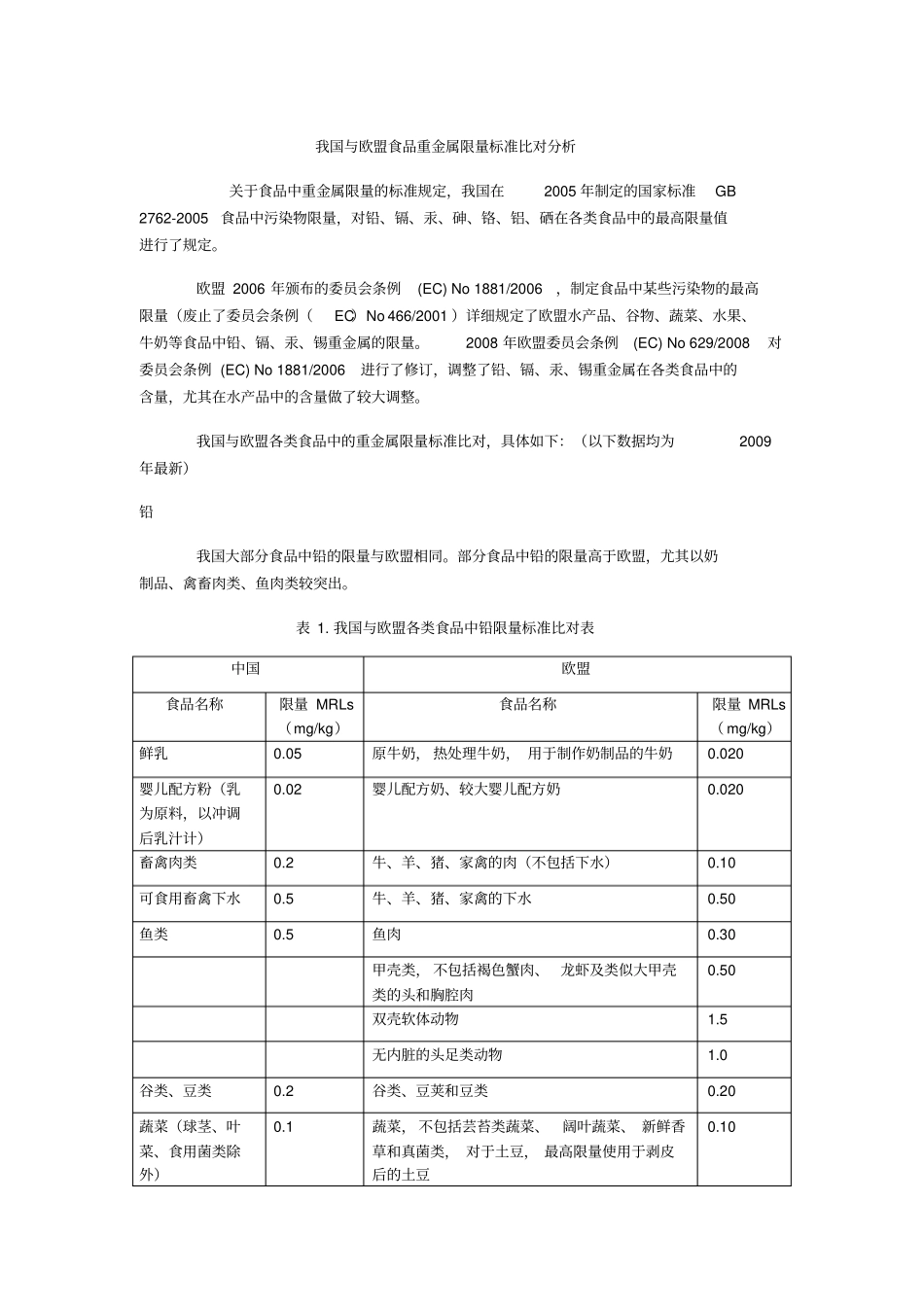 我国与欧盟食品重金属限量标准比对分析_第1页