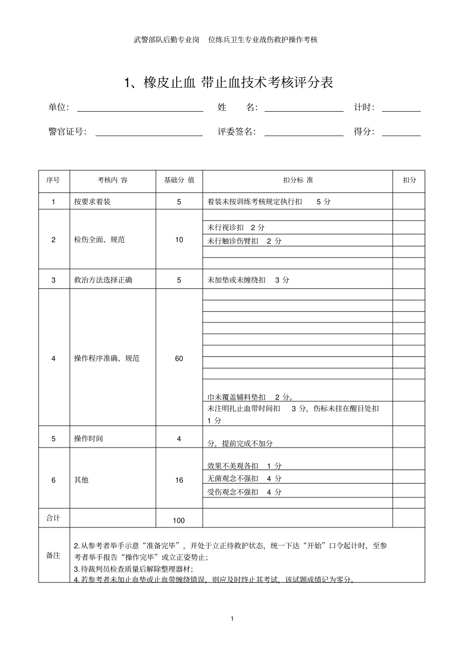 战伤救护操作考核评分表_第1页