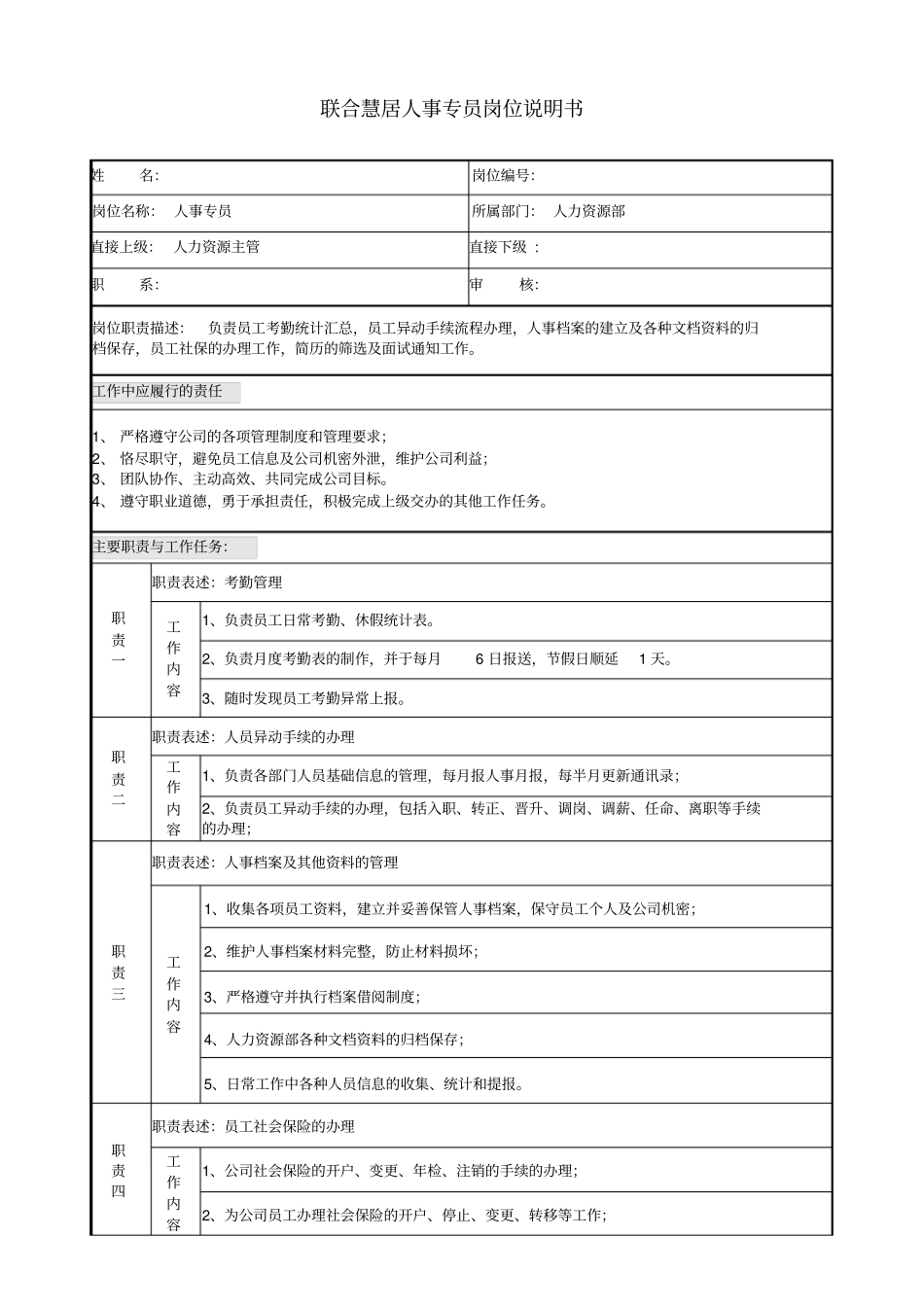 房地产公司人事专员岗位说明书_第1页