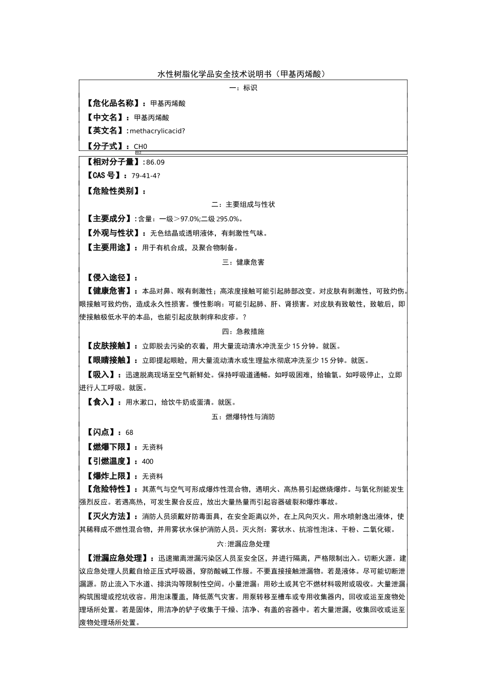 水性树脂化学品安全技术说明书_第1页