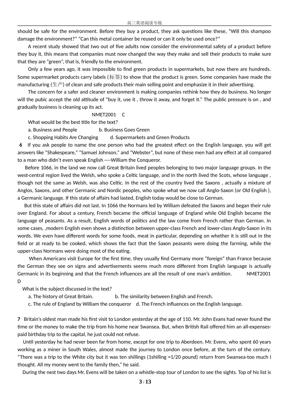 高考英语阅读理解专题练习-主旨大意题(1)_第3页