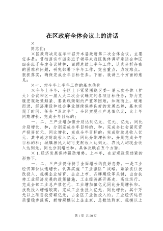 在区政府全体会议上的讲话发言