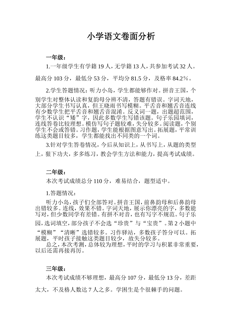 小学语文卷面分析_第1页
