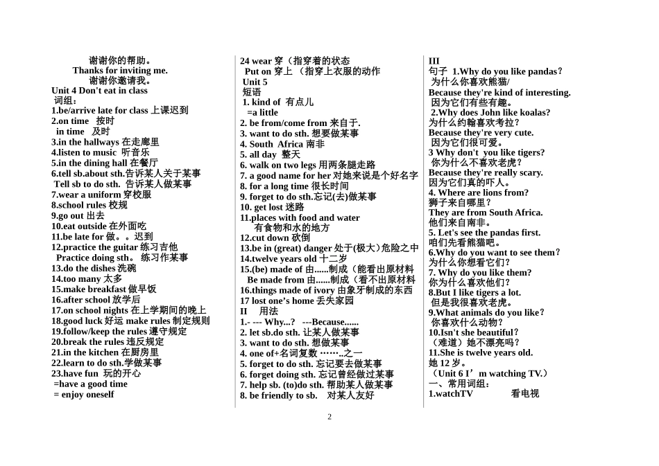 2013版英语七年级下册Unit1-Unit10短语句型知识点_2_第2页