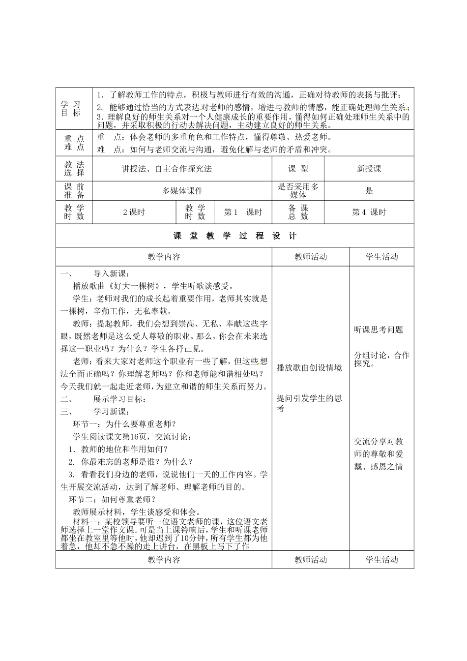 甘肃省瓜州县第二中学八年级政治上册第二课理解老师（第一课时）学案（无答案）教科版_第2页