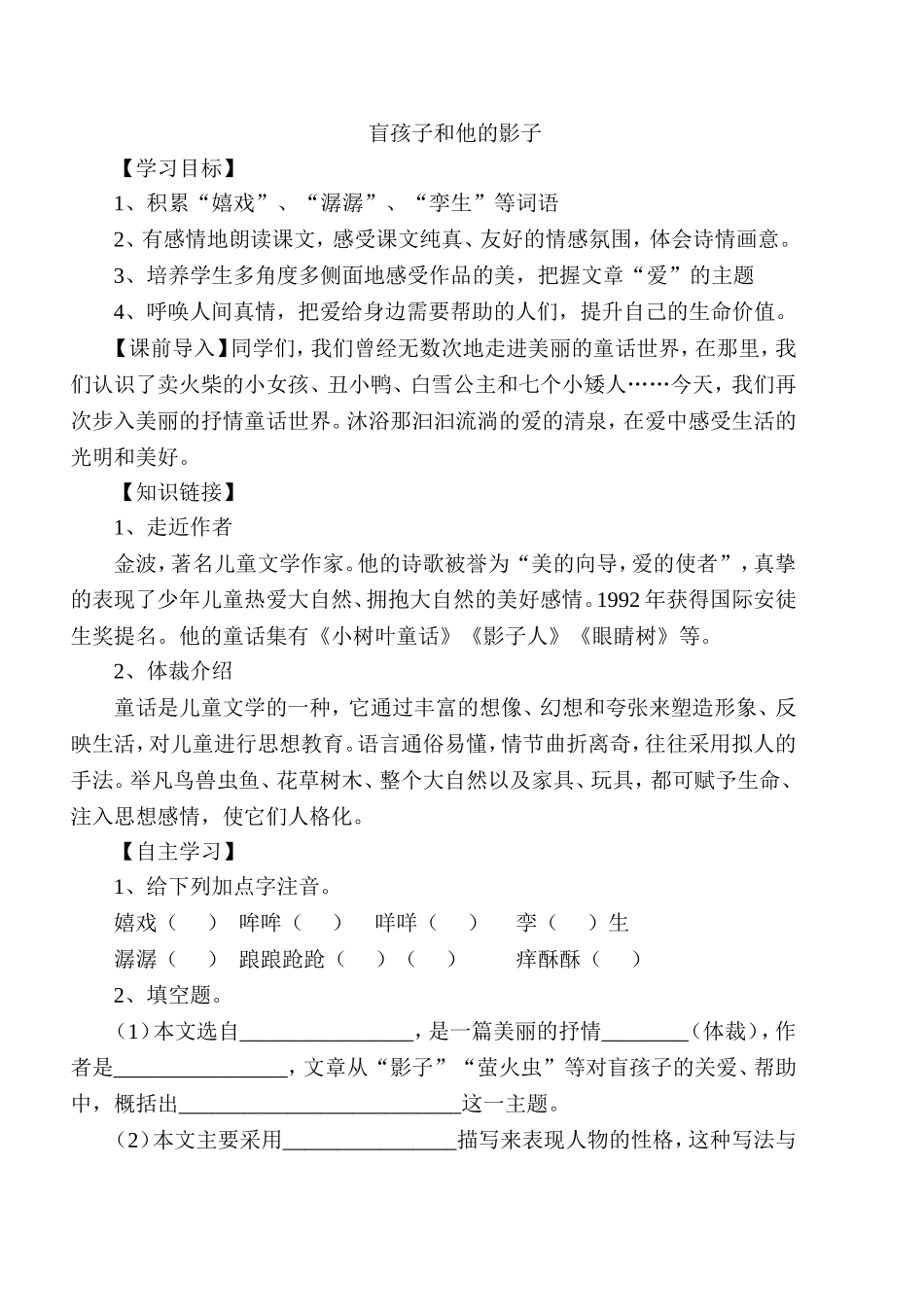 盲孩子和他的影子导学案_第1页