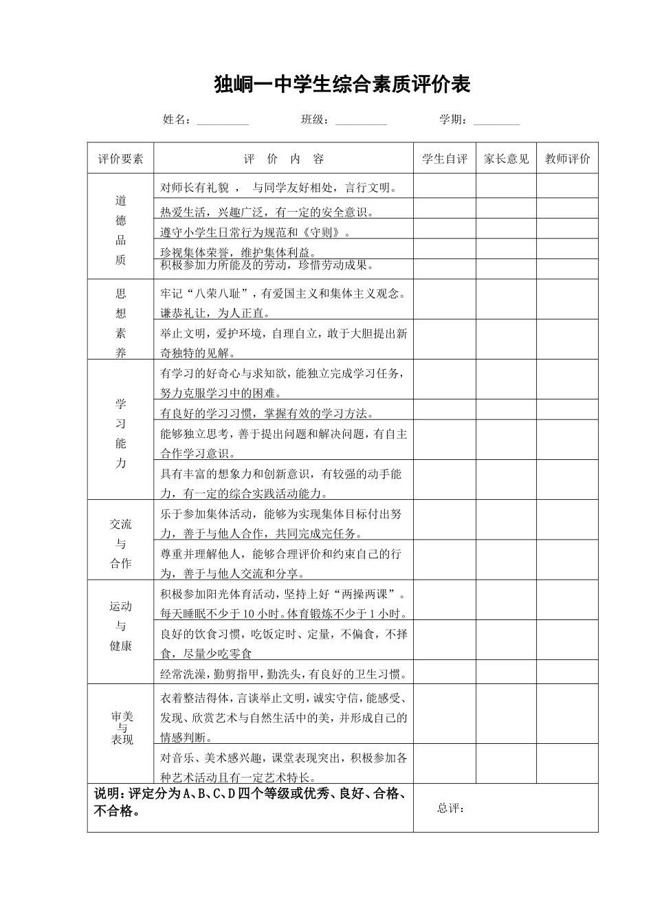 独峒一中综合素质评价表_第1页
