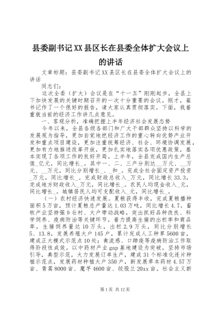 县委副书记XX县区长在县委全体扩大会议上的讲话发言