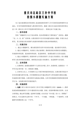 重庆市北碚区王朴中学校校级小课题实施方案
