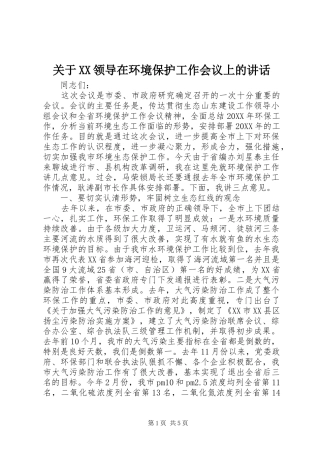 关于XX领导在环境保护工作会议上的讲话发言