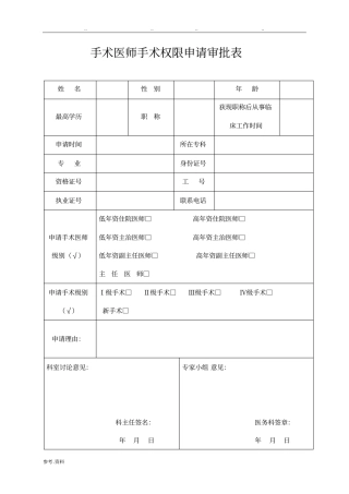 手术权限申请审批表及手术资质授权书