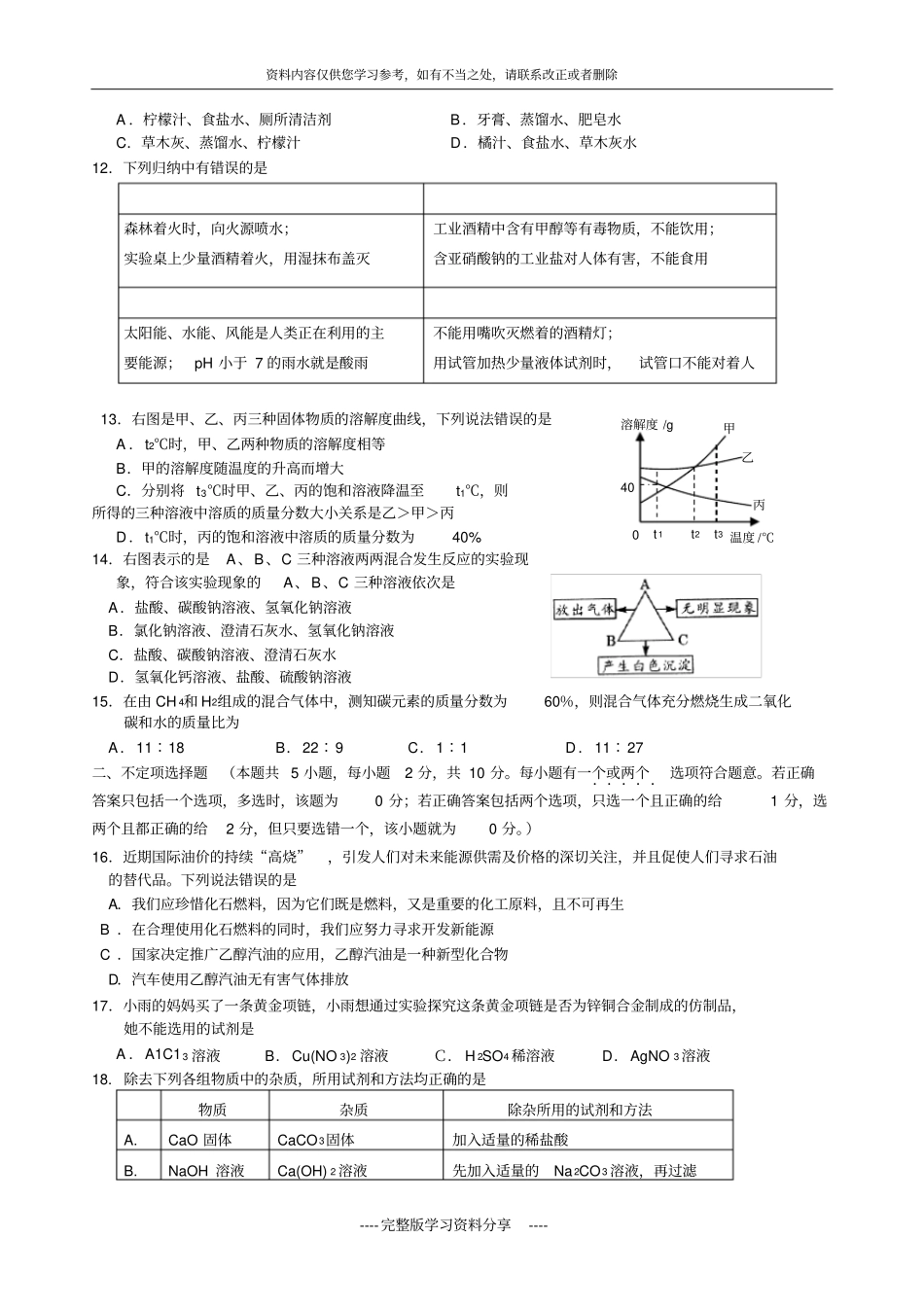 扬州梅岭中学九年级化学期中试卷_第2页
