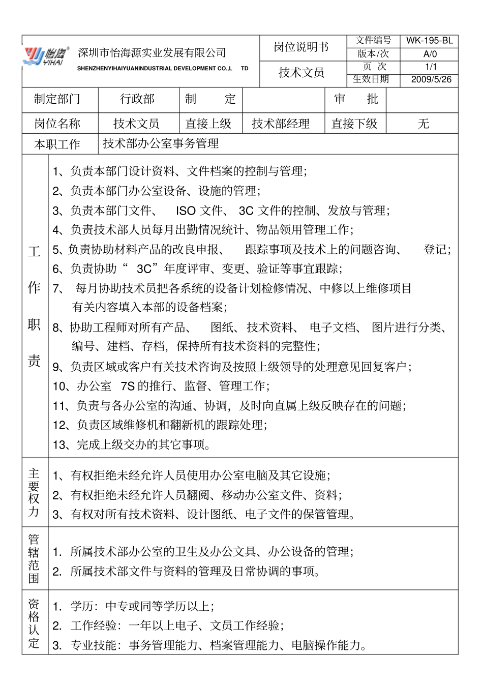 技术文员岗位职责_第1页