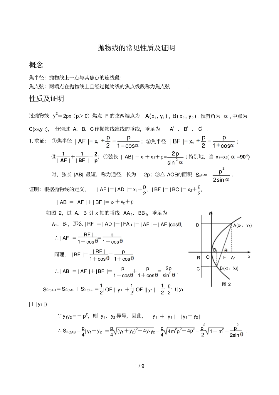 抛物线性质归纳及证明_第1页