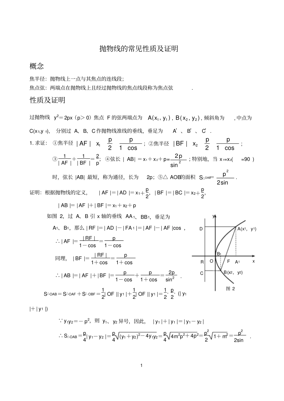 抛物线的性质归纳及证明_第1页