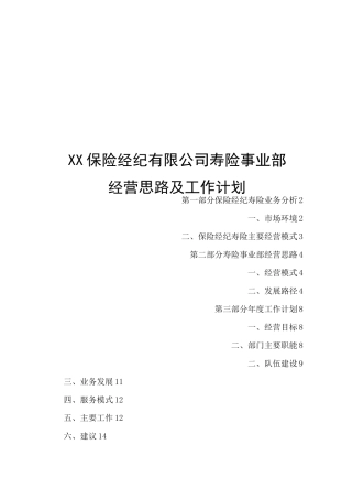 寿险事业部经营思路及工作计划袁理