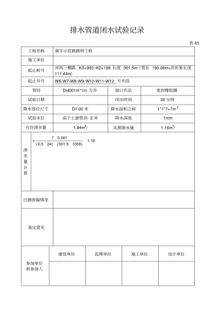 排水管道闭水试验记录