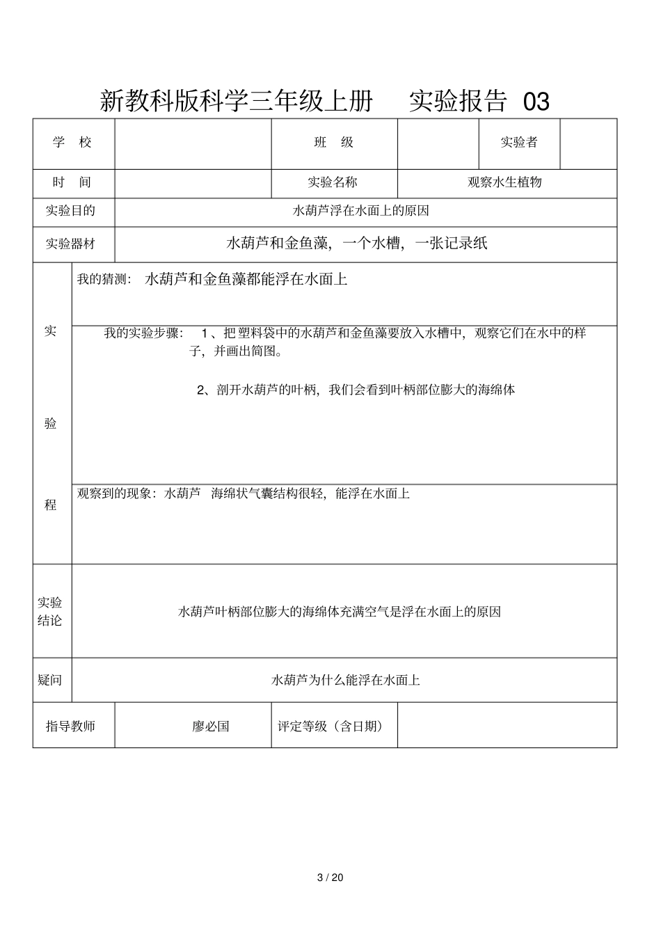 教科新版三年级上册科学试验报告单_第3页
