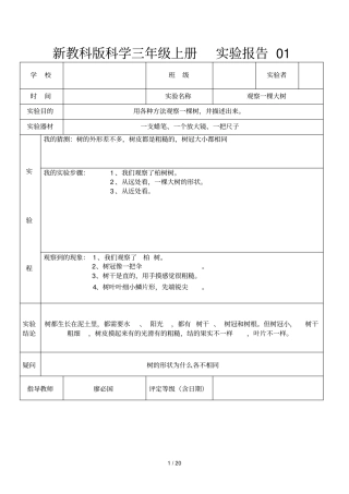 教科新版三年级上册科学试验报告单