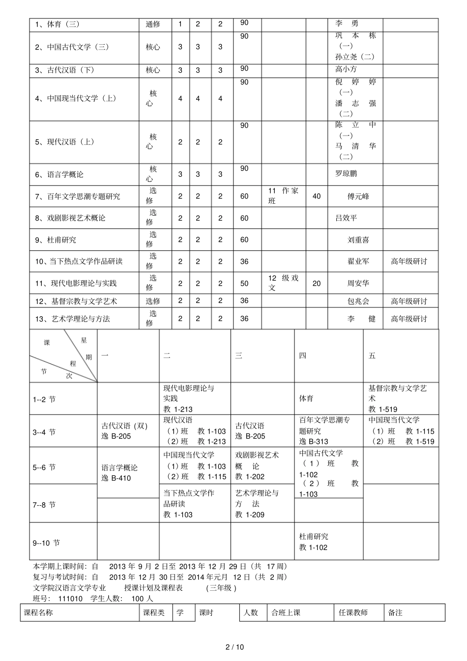 文学院汉语言文学专业授课计划及课程表一年级_第2页