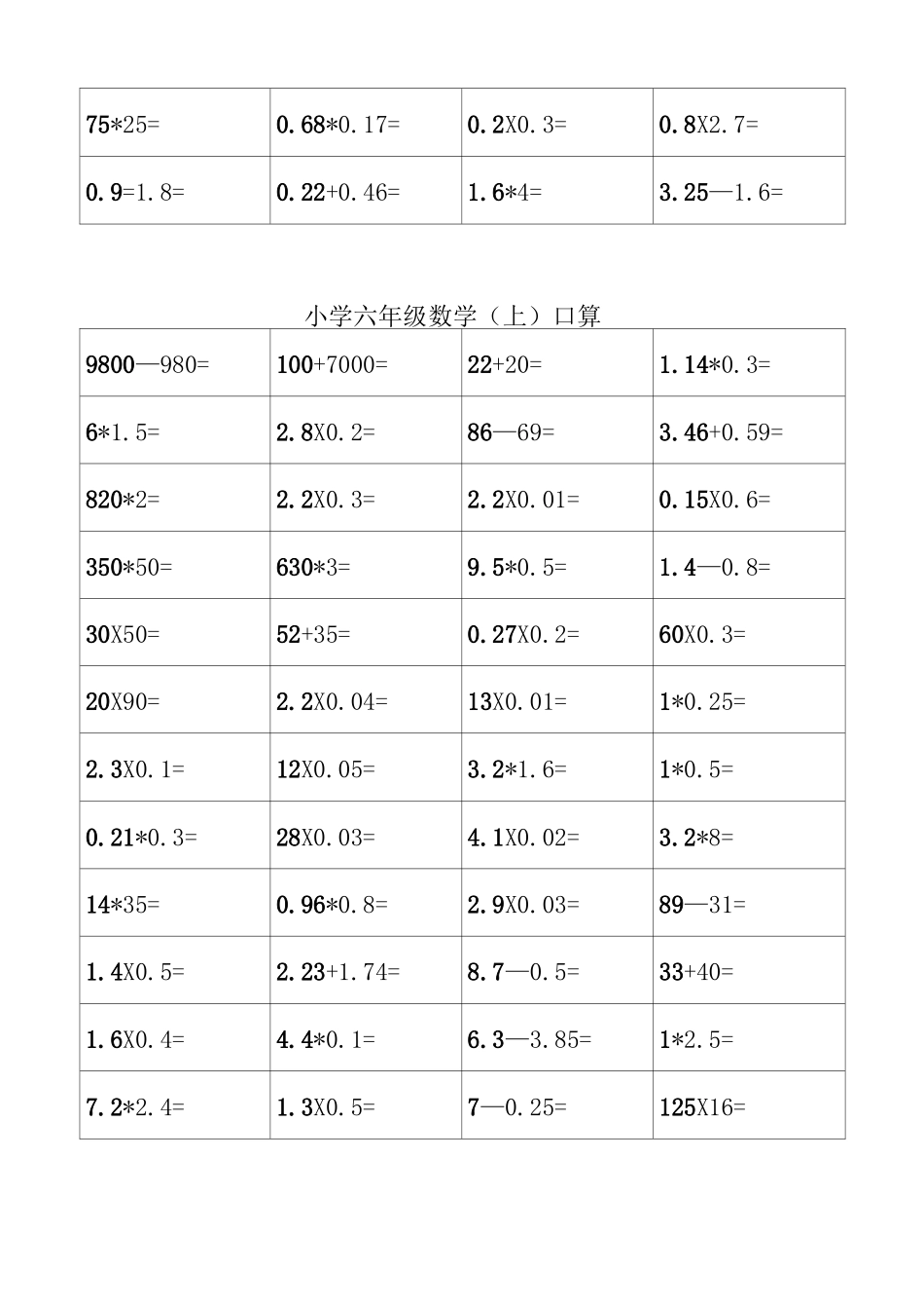 六年级(上)口算题卡_第2页