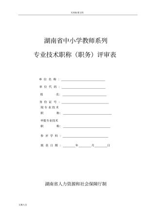 新21张表：湖南中小学教师系列专业技术职称职务评审表