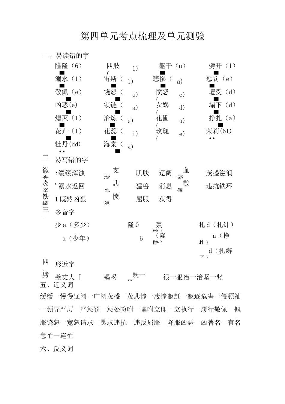 部编版四年级语文上册第四单元知识点考点汇总及单元测验_第1页