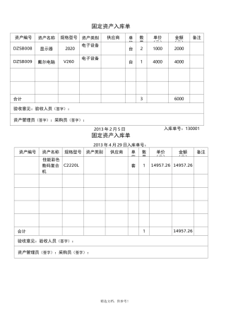 固定资产入库单(最佳模板-两联)