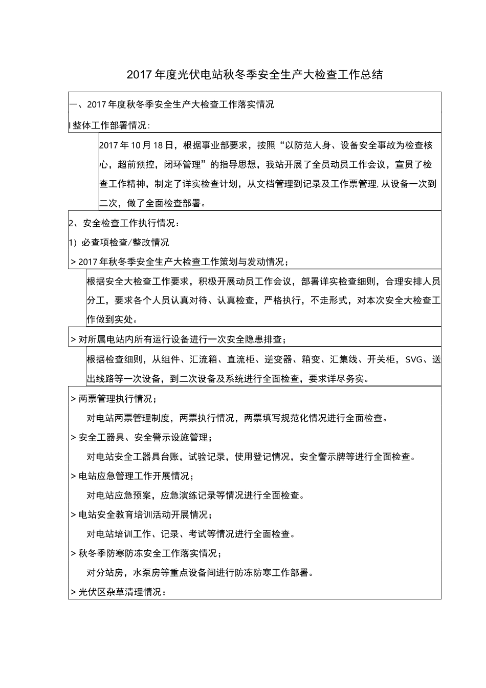 光伏电站秋冬季安全生产大检查工作总结1_第1页