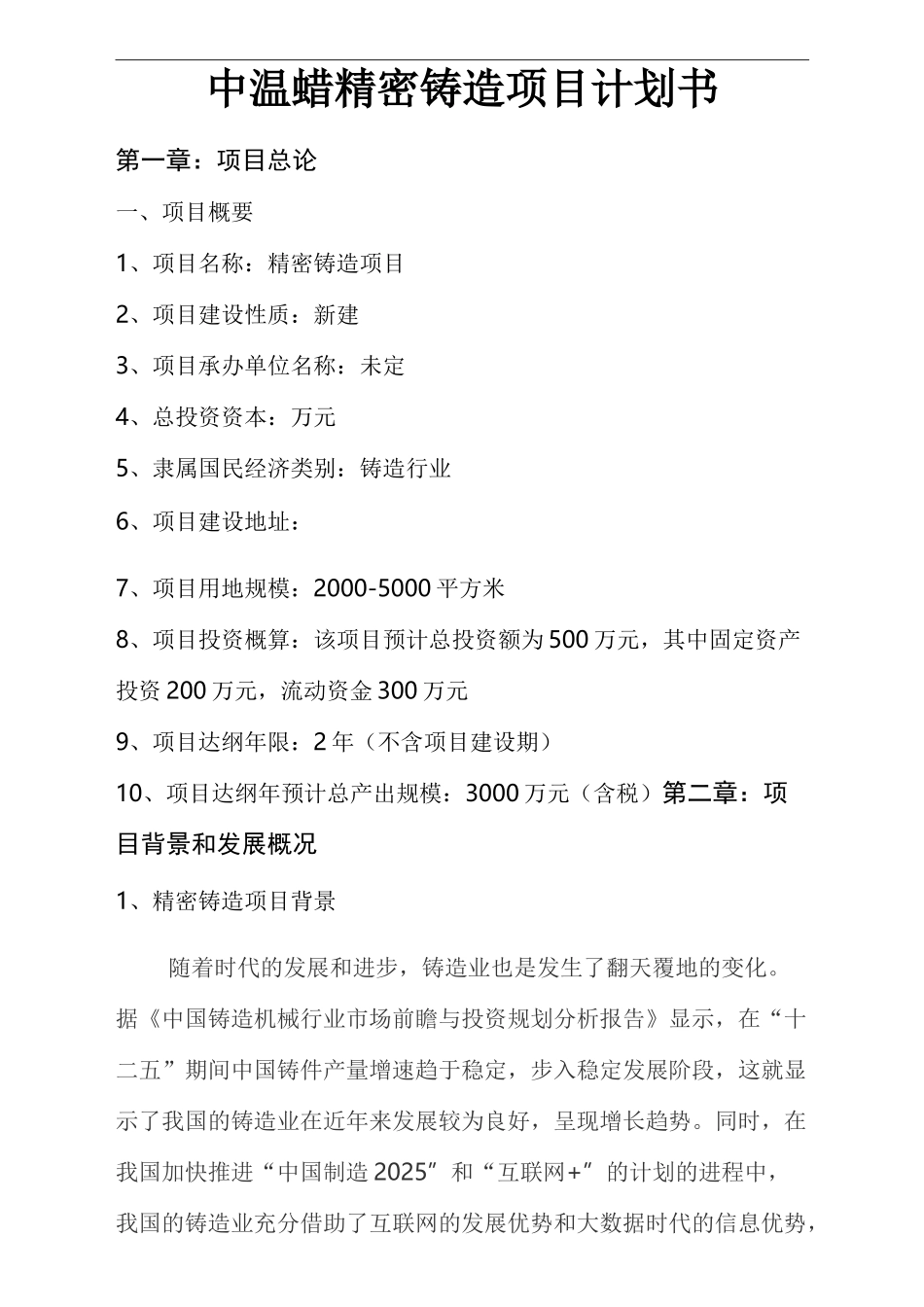 精密铸造项目计划书_第1页