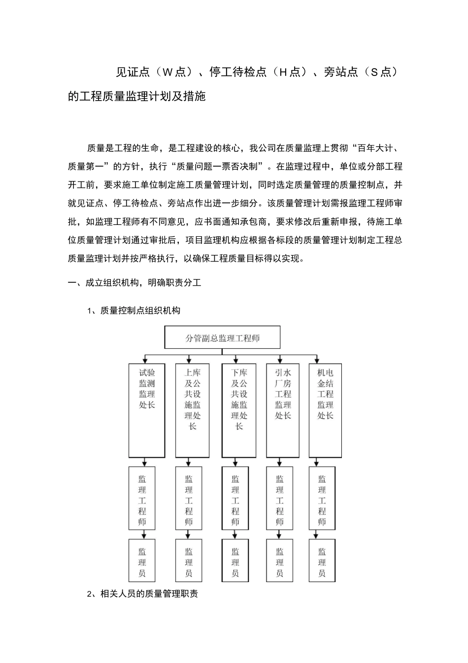 见证点(W点)、停工待检点(H点)、旁站点(S点)的工程质量监理计划和措施方案_第1页