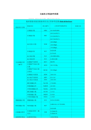 化验单正常值参考范围