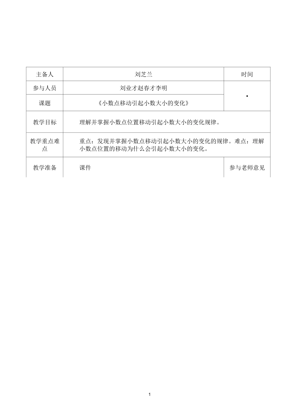 四年级数学小数点移动集体备课稿_第1页