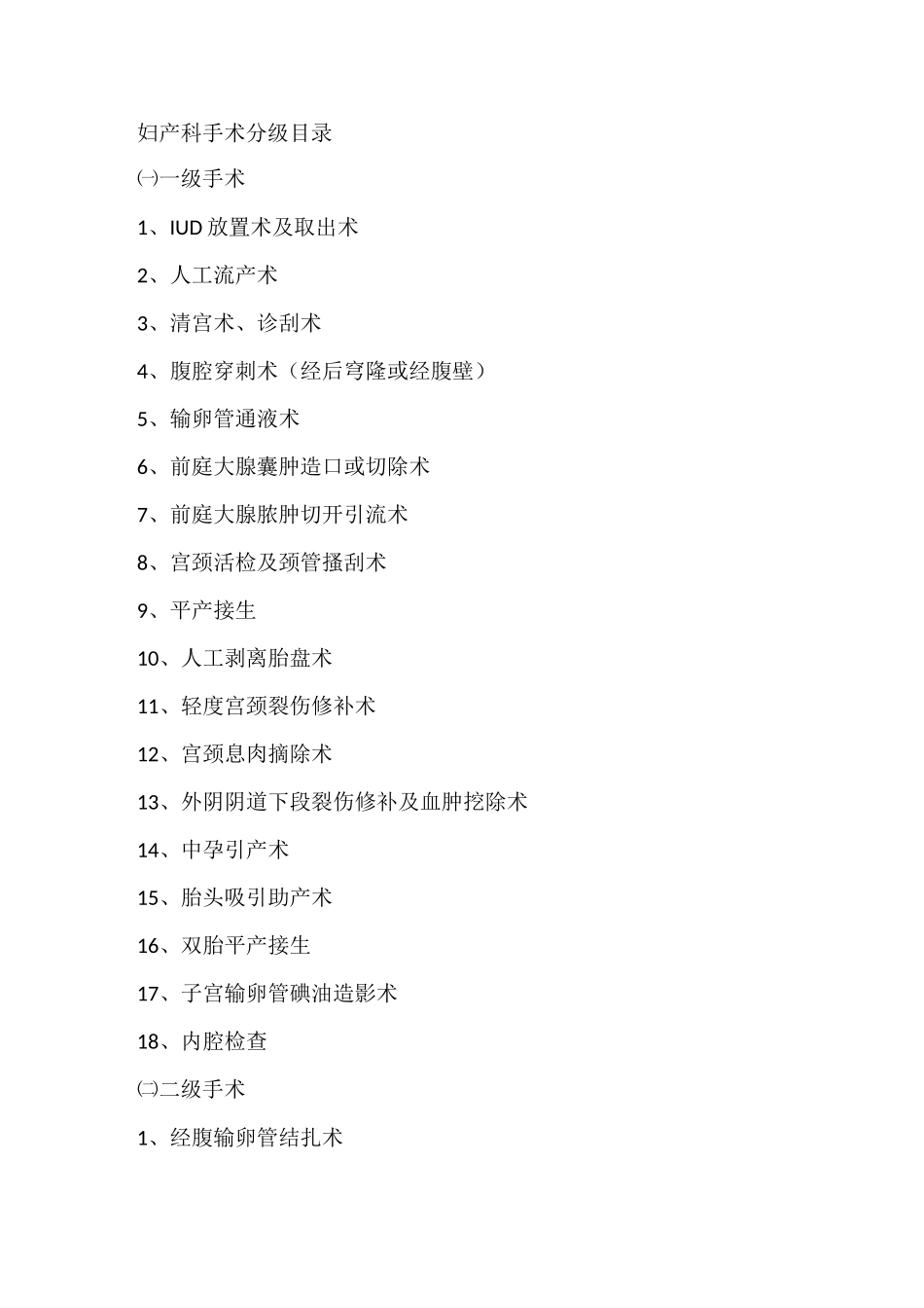 妇产科手术分级 目录_第1页