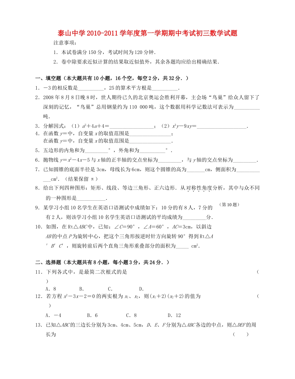山东省泰山20102011学九级数学第一学期期中考试 _第1页