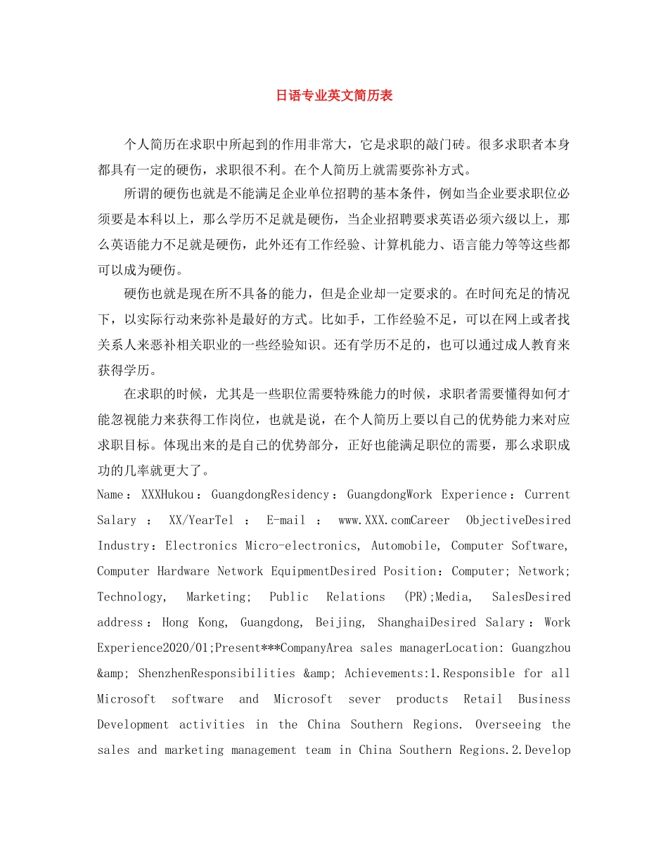 日语专业英文简历表 _第1页