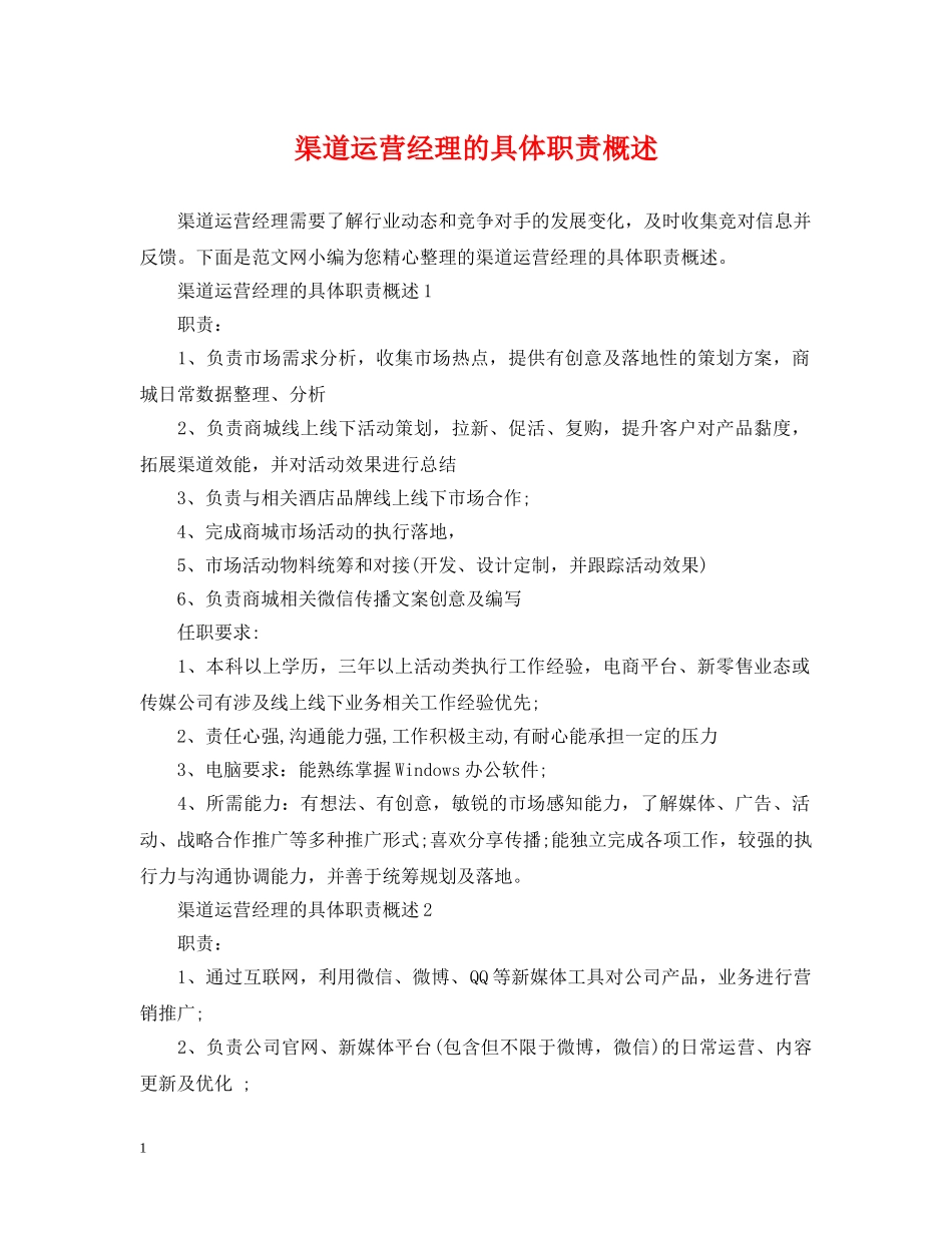 渠道运营经理的具体职责概述 _第1页