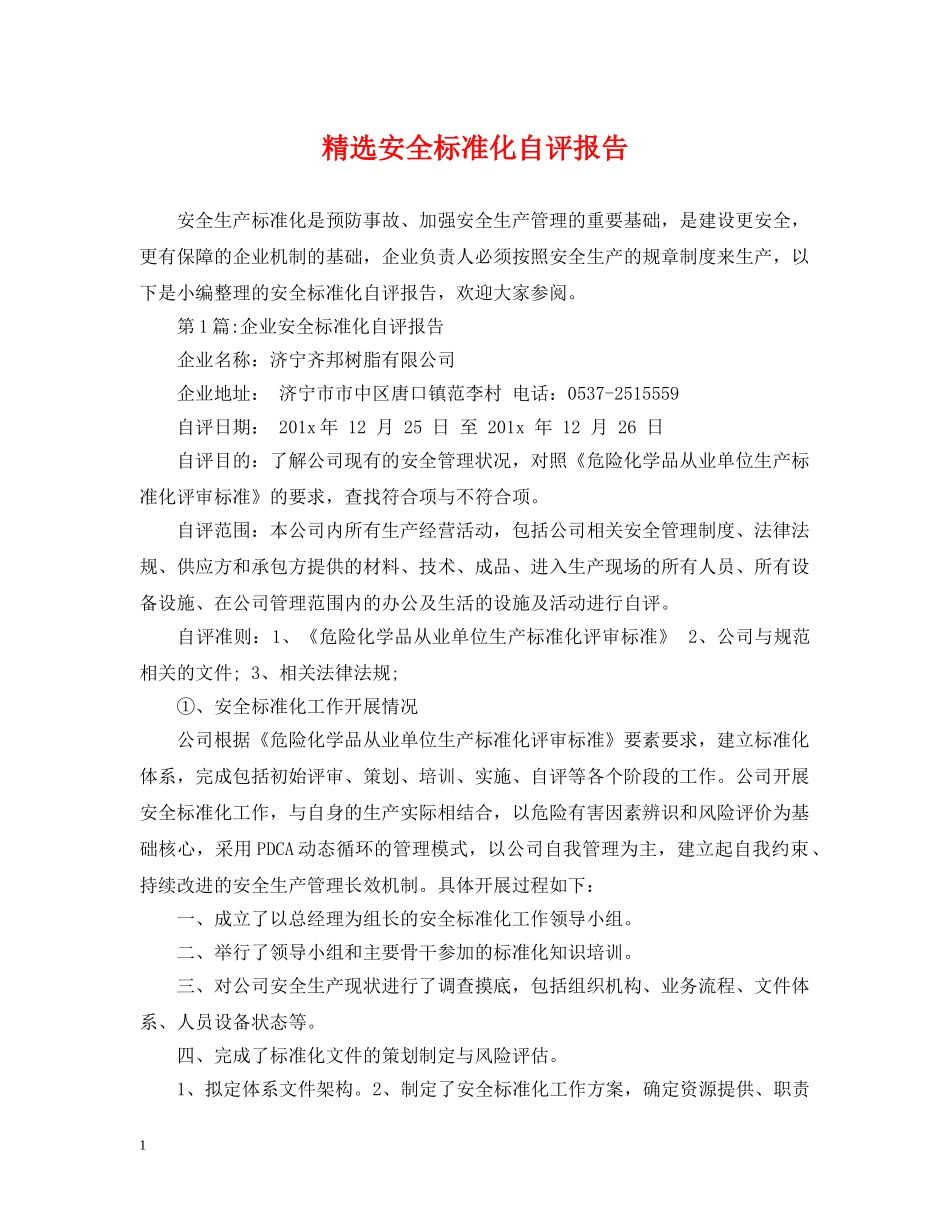 精选安全标准化自评报告 _第1页