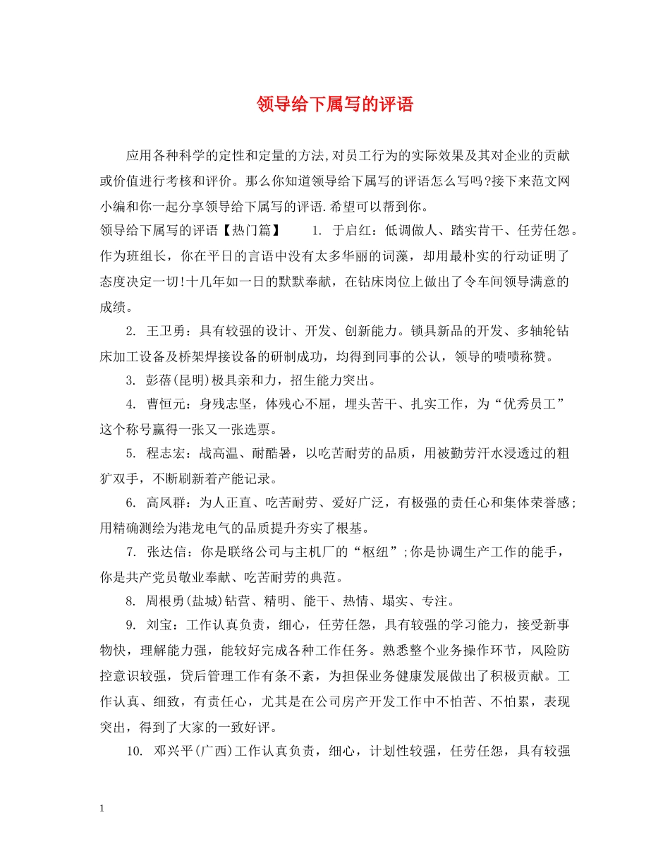 领导给下属写的评语 _第1页