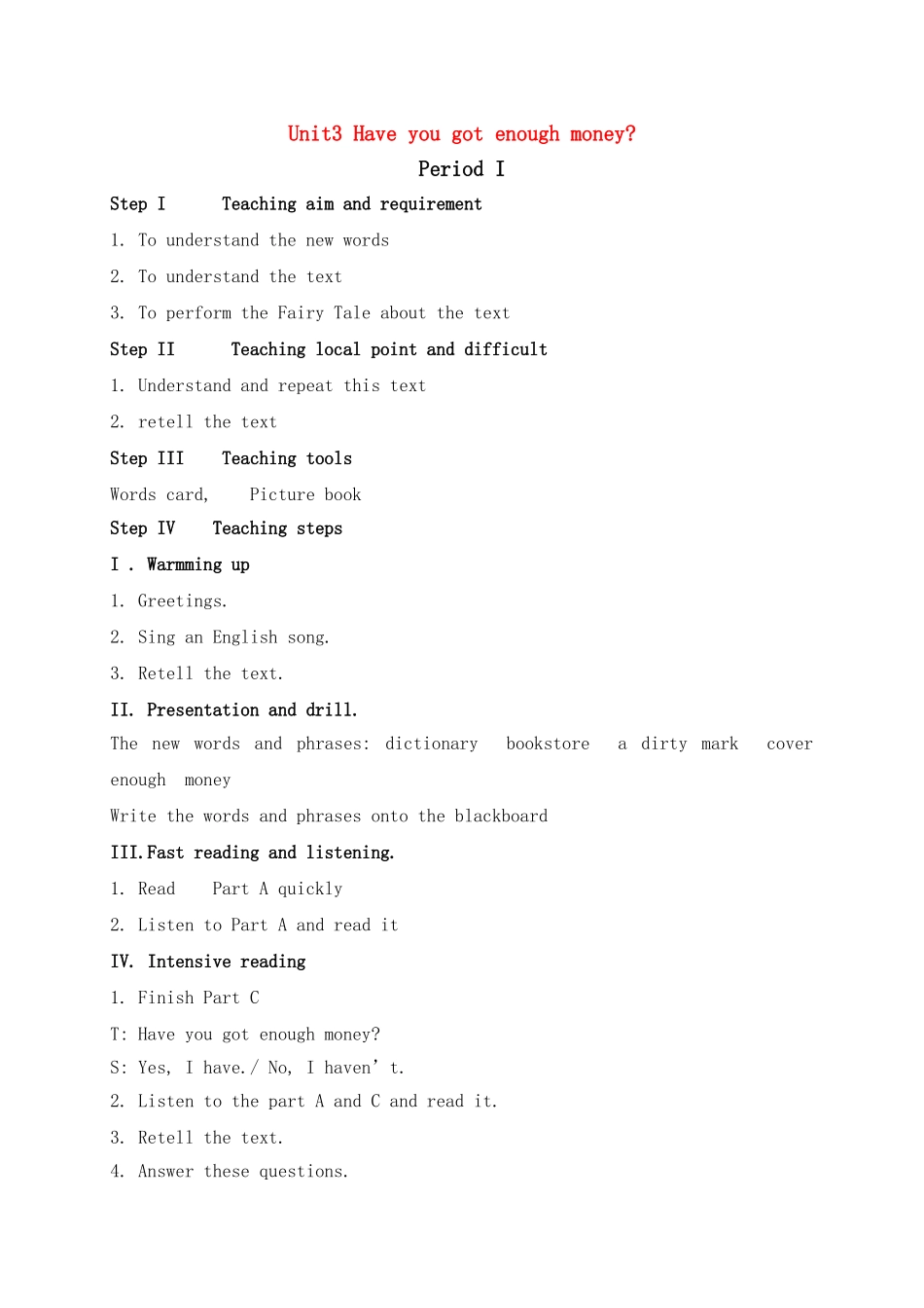 六级英语下册 Unit3 Have you got enough money period1教案 湘少版_第1页