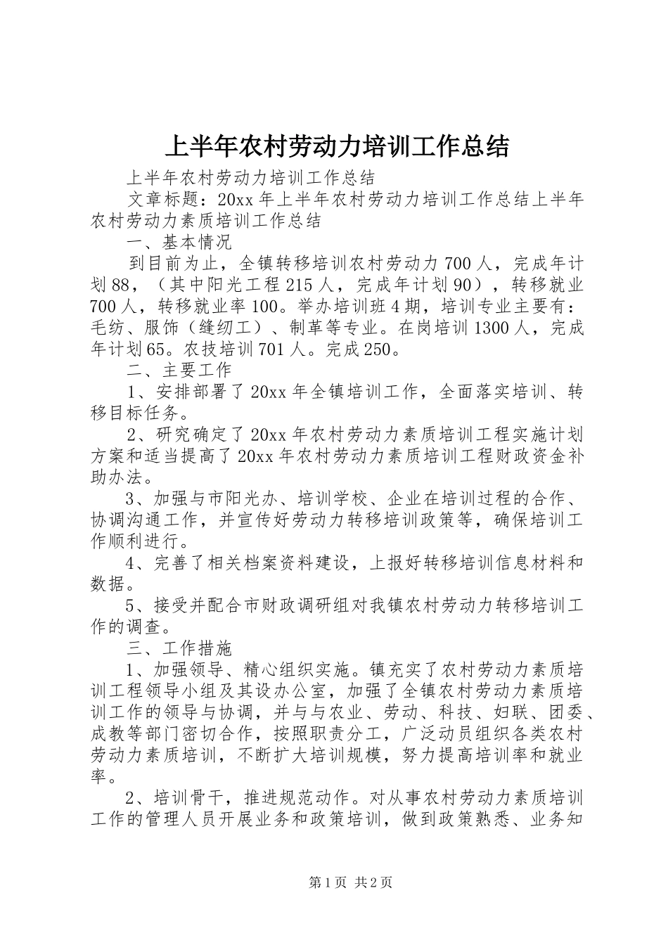 上半年农村劳动力培训工作总结 _第1页