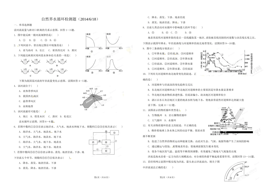 自然界水循环检测题(2014618)_第1页