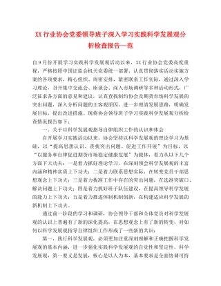 XX行业协会党委领导班子深入学习实践科学发展观分析检查报告—范 