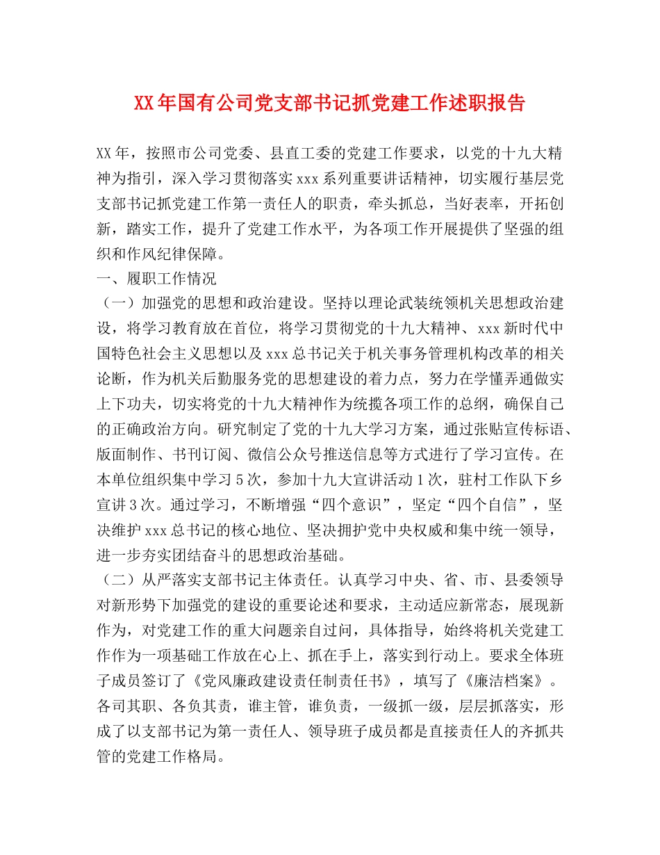 XX年国有公司党支部书记抓党建工作述职报告 _第1页
