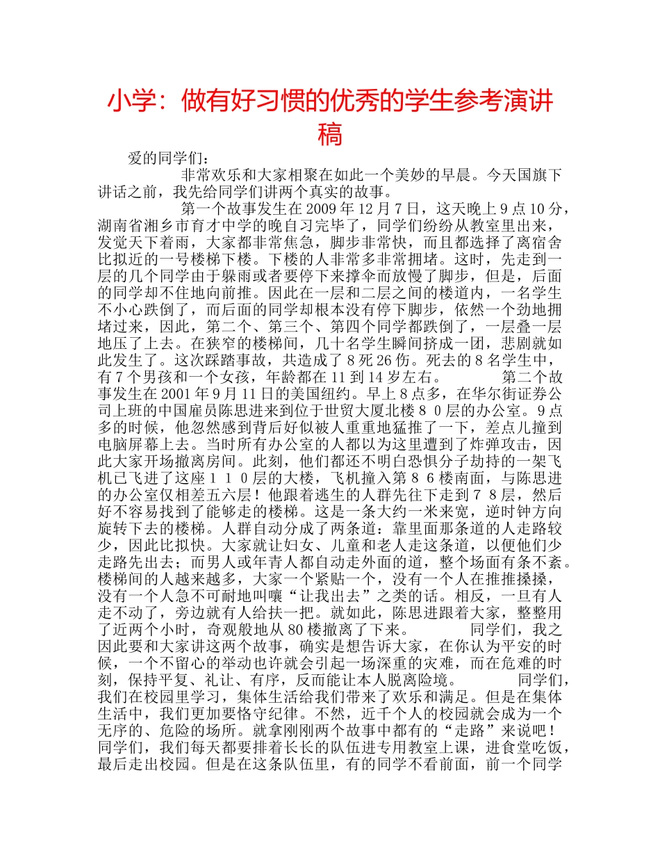 小学做有好习惯的优秀的学生参考演讲稿 _第1页