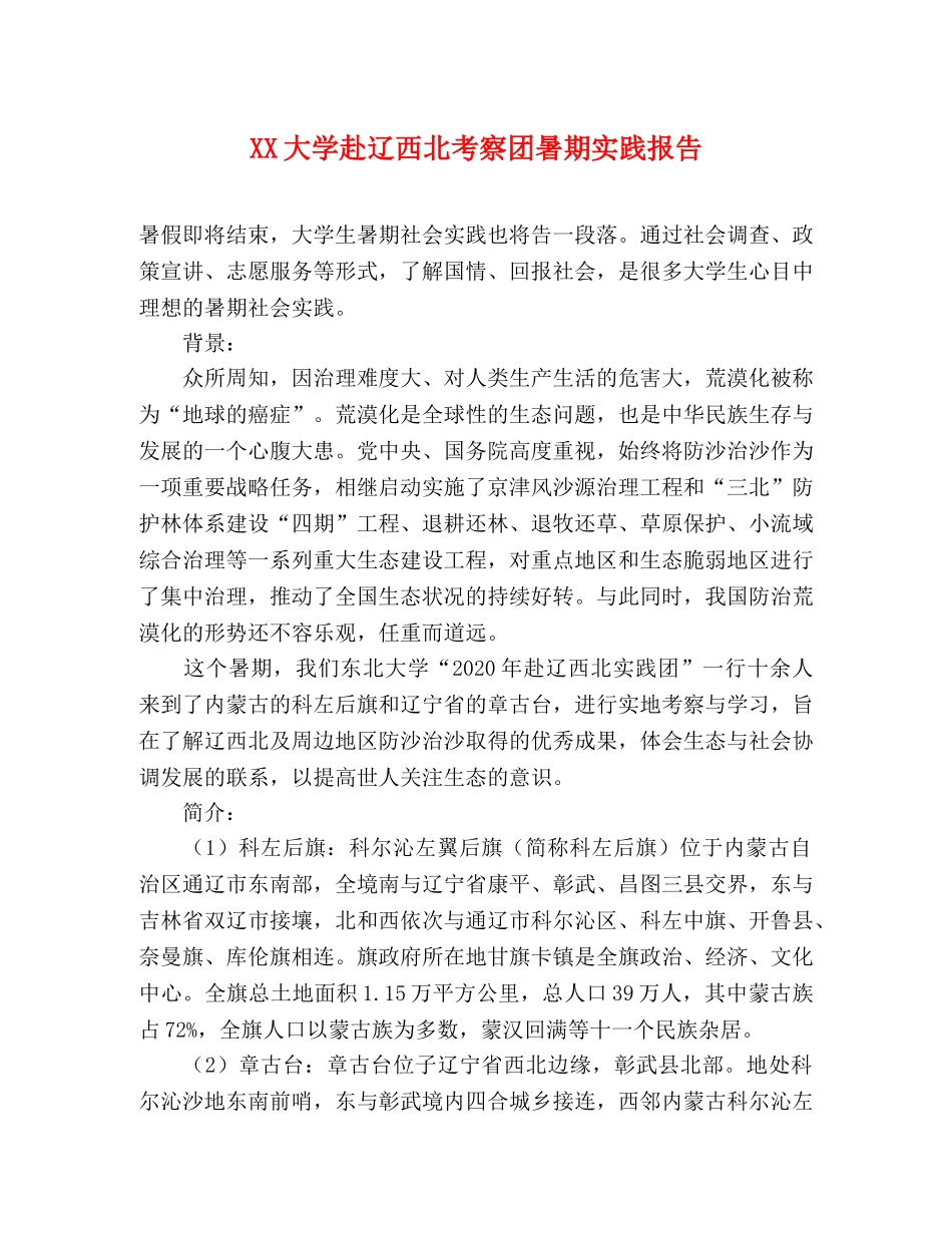 XX大学赴辽西北考察团暑期实践报告 _第1页