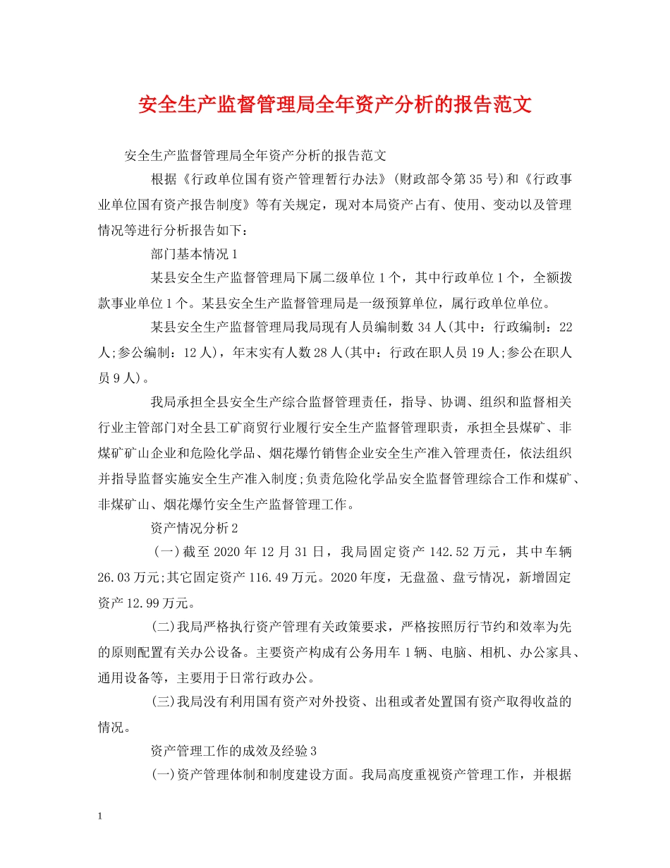 安全生产监督管理局全年资产分析的报告范文 _第1页